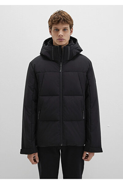 Mavi Kapüşonlu Siyah Şişme Mont Loose Fit / Bol Rahat Kesim 0110675-71379