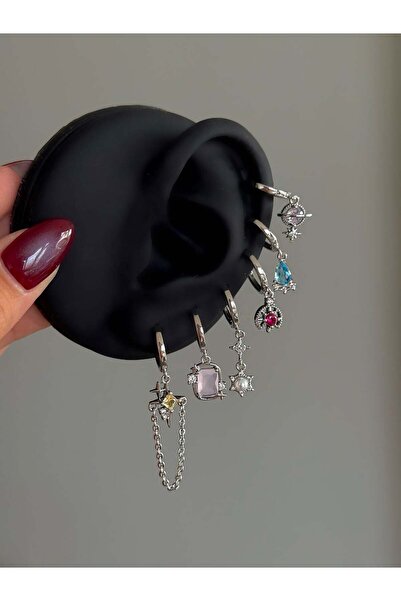 h&b design jewel Çelik Silver Pembe Baget Taşlı 6 Lı Küpe Seti