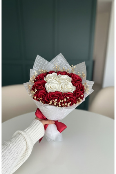 Buketim Seninle باقة من 14 وردة حمراء وبيضاء لا تبهت، زهرة ساتان، هدية للحبيب