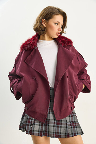 Bianco Lucci Women's Elastic Waist Pocket Detail Detachable Fur Collar Lined Short Trench Coat 2052 60283710