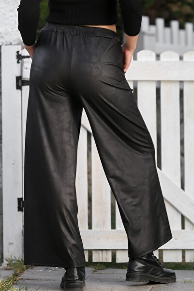 Chiccy Black Pocketed Elastic Waist Wide Leg Casual Faux Leather Knitted Trousers 98 65
