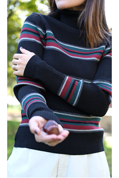 Butik Una Fiaba-Negru-Bordeaux Pulover tricotat cu dungi pentru femei basic