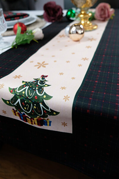 DEKOMOD Yılbaşı 40x140cm Dokuma Leke Tutmaz Baskılı Tay Tüyü Kumaş Masa Örtüsü Dekoratif Runner