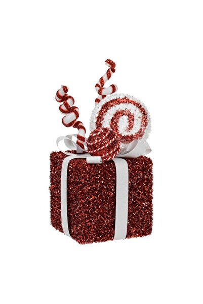 MYONNA IT & E- COMMERCE Christmas Decoration - Gift Model, Red Tinsel, White Ribbon, Candy Cane, 12x12x27 cm