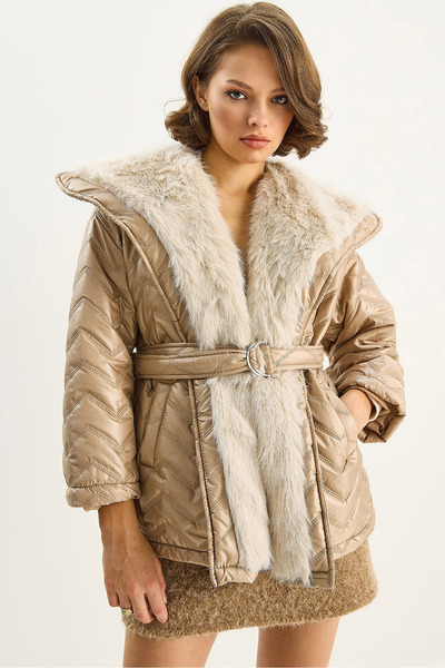 Bianco Lucci Women's Fur Detailed Belted Lined Quilted Coat 3149 60283718