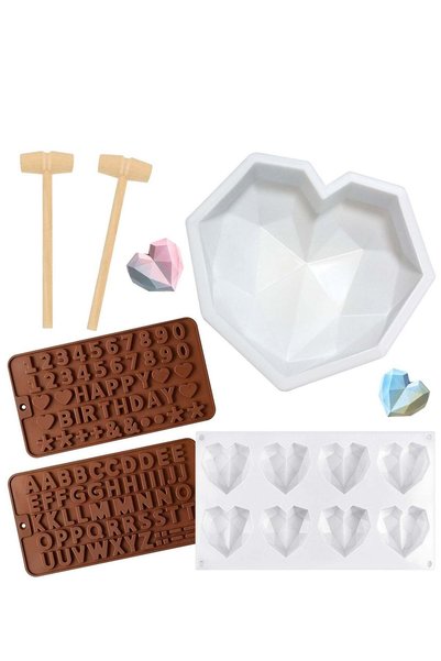 Generic 6 Pieces Diamond Heart Silicone Mold, 8.7 Inch Heart Shape Mold 8 Cav...
