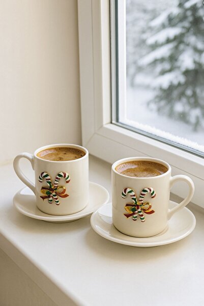 Arma House Yeni Yıl Özel 2'li Porselen Kupa Fincan Takımı | Şeker Bastonlu Fiyonk Detaylı