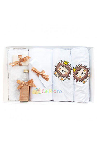 OEM Set botez (7 piese) personalizat cu broderie - Leu - Alb-Maro - TPB-261