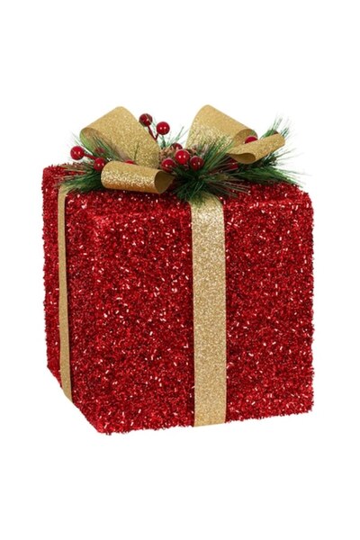 SHOPIENS Ornament decorativ de Crăciun din spumă 18x18x20 cm, roșu cu panglică aurie cu sclipici și conuri de pin