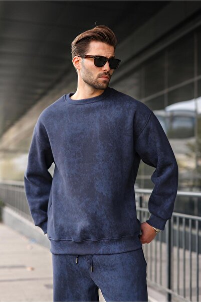 Madmext Navy Blue Crew Neck Tie-Dye Patterned Men's Sweatshirt Pants Set E7344