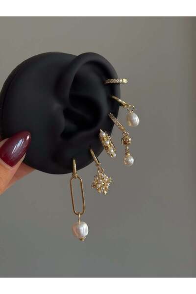 h&b design jewel Çelik Gold İnci Detay 6 Lı Küpe Seti