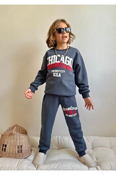 Patriko Boys' Chicago Gray Color Inner Lined New Season Winter Bottom Top Tracksuit Set