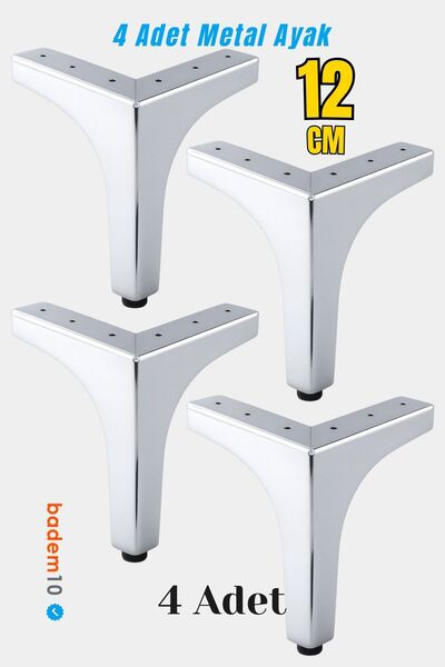 Badem10 Decor 12 cm Crom SET DE 4 Picioare de mobilier din metal argintiu Design modern pentru canapea Masă de cafea Masă Unitate TV