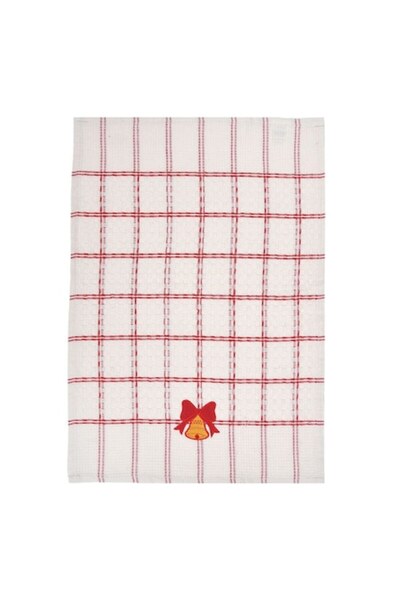 MYONNA IT & E- COMMERCE Kitchen Towel, Checked Pattern with Embroidered Bell, White and Red, 60x40 cm