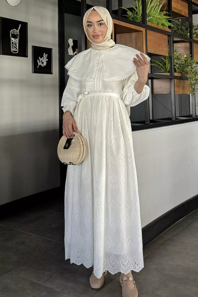 ZehraGül Krem Kadın Büyük Yakalı Fistolu Tesettür Elbise