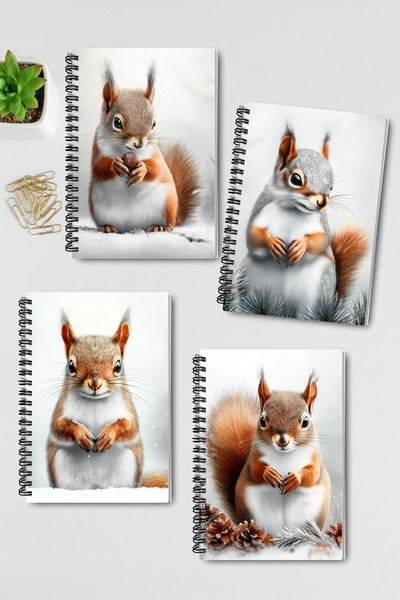 qoeuyl boutique Squirrel Winter Themed Design Wire Spiral A5 Unlined 4-Piece Souvenir, Memory, School Notebook Set