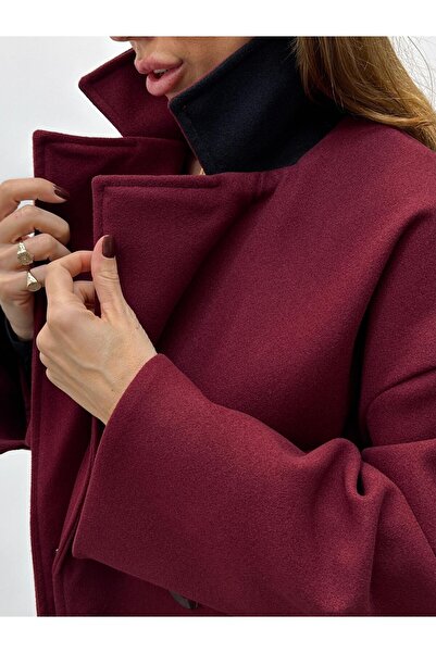 Maldia Shop Women's Tone Burgundy Buttoned Premium Cashmere Coat