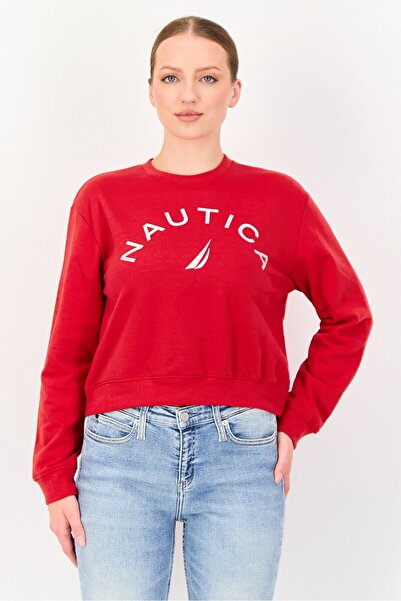 Nautica Women Crew Neck Long Sleeve Brand Logo Sweatshirt, Red
