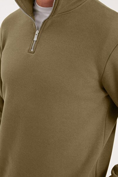 Tudors Unisex Relax Fit Rahat Kesim Pamuklu İçi Polarlı Yarım Fermuarlı Haki Dik Yaka Sweatshirt