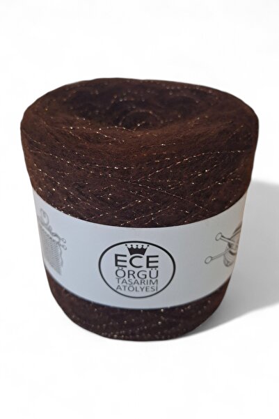 Ece Örgü Tasarım Atölyesi Ristretto Oro, Bir kat acı kahve angora arasına, acı kahve viskon üzerine gold sim örgü ipi, 500 gr.
