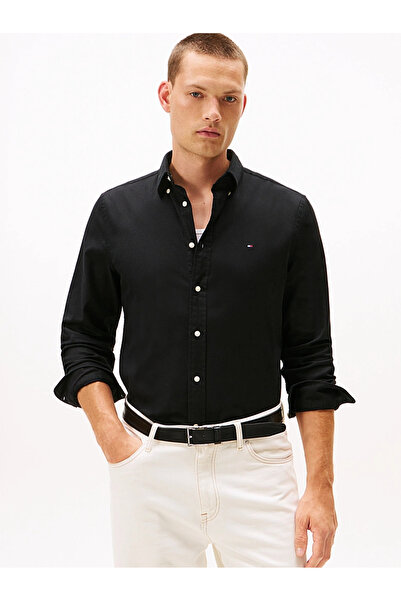 Tommy Hilfiger Men's Regular Fit Stretch Cotton Chest Th Logo Flag Signature Long Sleeve Black Shirt Mw0Mw40469-Bds