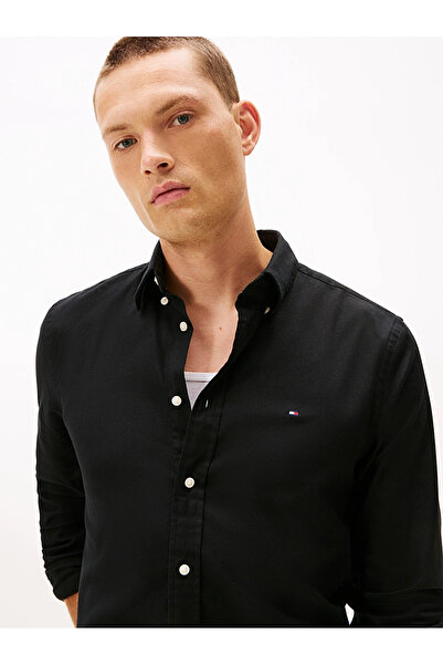 Tommy Hilfiger Men's Regular Fit Stretch Cotton Chest Th Logo Flag Signature Long Sleeve Black Shirt Mw0Mw40469-Bds