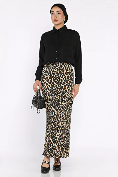 ZehraGül Bej Kadın Leopar Desenli Bel Lastikli Bürümcük Tesettür Etek