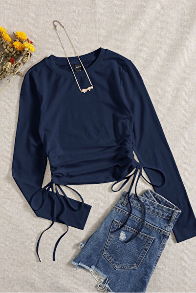 Tarz Cool Women's Navy Blue Drawstring Detailed Crew Neck Long Sleeve T-Shirt