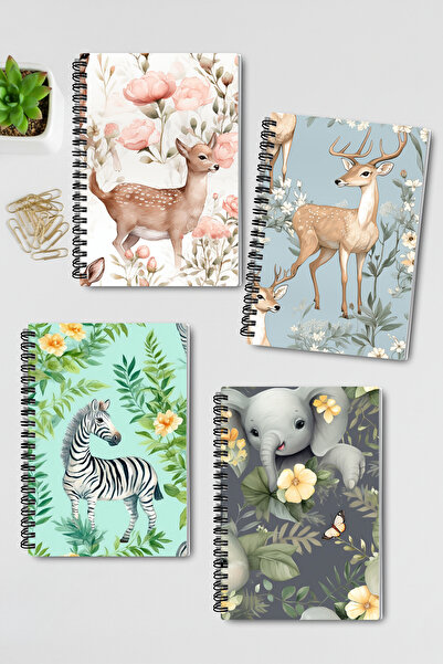 qoeuyl boutique Puppy Cute Animals No:1 Design Wire Spiral A5 Unlined 4-Piece Souvenir, Memory, School Notebook Set