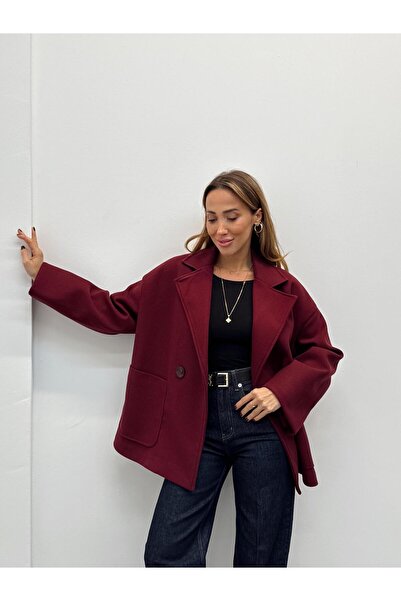 Maldia Shop Women's Tone Burgundy Buttoned Premium Cashmere Coat