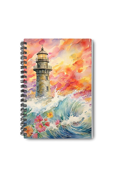 qoeuyl boutique مجموعة دفاتر ملاحظات بتصميم منارة البحر ذات طابع المحيط، مخططة بحجم A5، مكونة من 4 قطع، تصلح كتذكار أو للذكريات أو للمدرسة