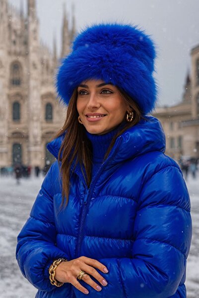 BALIENTE Saks Blue Faux Fur Mango Plush Kalpak Women's Hat