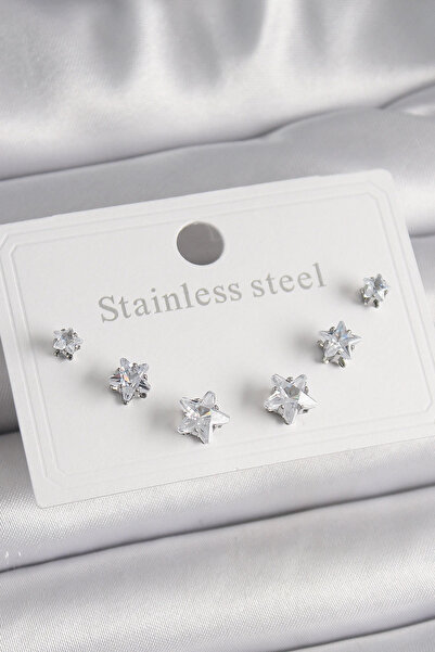 Belle Fusion طقم أقراط نسائية من الفولاذ المقاوم للصدأ 316L بلون فضي مع حجر ا...