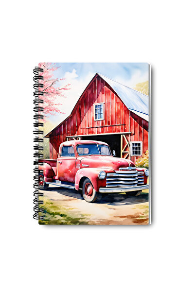 qoeuyl boutique Vintage Car Farm Design Wire Spiral A5 Checkered 4-Piece Souvenir, Memory, School Notebook Set