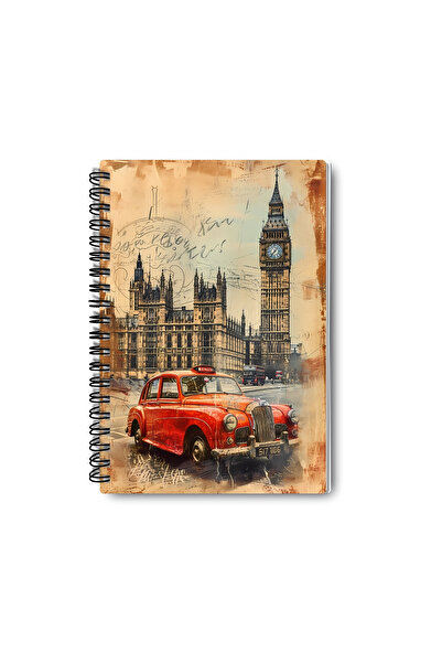 qoeuyl boutique Set de caiete vintage cu design Londra, cu spirală, A5, cu linii, 4 bucăți, pentru amintiri, memorii, școală