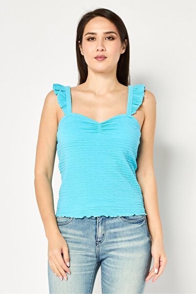 PROMOD Women V Neck Sleeveless Textured Tank Top, Sky Blue