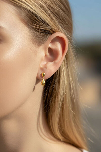 RÜZGARBİJÜTERİ Damla Küpe - çelik - Kararmaz - Gold Renk