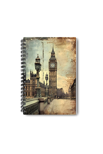 qoeuyl boutique Set de caiete vintage cu design Londra, cu spirală, A5, cu linii, 4 bucăți, pentru amintiri, memorii, școală