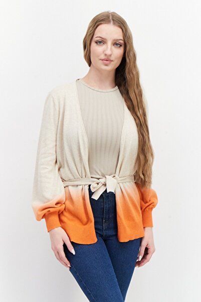 TAIFUN Women Split Neck Belted Ombre Cardigan, Beige/Orange