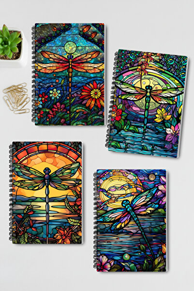 qoeuyl boutique Colorful Dragonfly Birds Design Wire Spiral A5 Unlined 4-Piece Souvenir, Memory, School Notebook Set