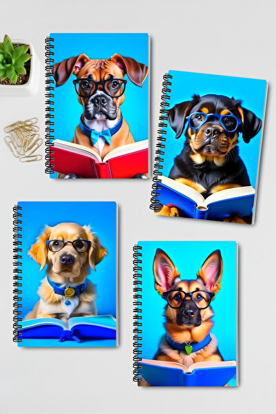 qoeuyl boutique Cute Dogs Reading Books Design Wirebound A5 Unlined 4-Piece Souvenir, Memory, School Notebook Set