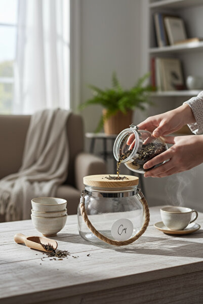 zezedesing Ahşap Kapaklı Hasır İpli Çay Kavanozu 1500ML