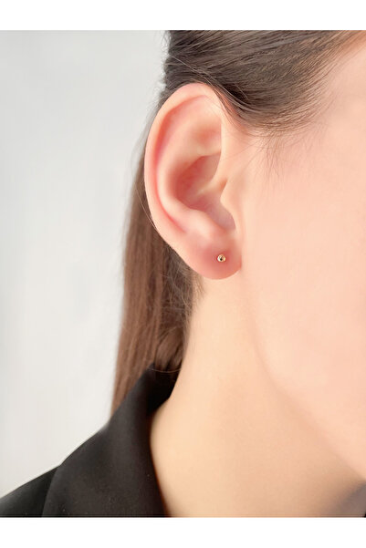 KURSHUNI Taşsız Shiny Top (3mm), 14 Ayar Altın Küpe (Tek Satılır)