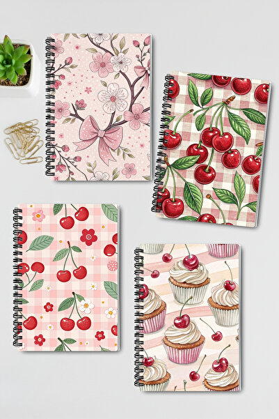 qoeuyl boutique Set de caiete A5 fără linii, cu spirală de sârmă, cu tematică de cireșe roz, 4 bucăți, pentru amintiri, memorii, școală