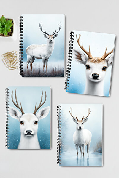 qoeuyl boutique White Deer Winter Themed Design Wire Spiral A5 Unlined 4-Piece Souvenir, Memory, School Notebook Set