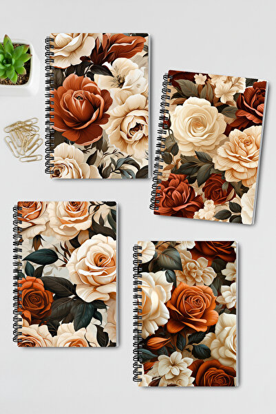 qoeuyl boutique Beige Roses No:2 Design Wire Spiral A5 Unlined 4-Piece Souvenir, Memory, School Notebook Set