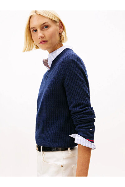 Tommy Hilfiger Kadın V Yaka Renkli Çizgili Uzun Kol Regular Fit Mavi Kazak WW0WW46417-0Z0