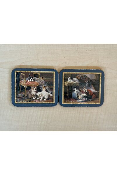 SANAT TACİRİ 2 Adet Vintage Bardak Altlığı - Mantar Bardak Altlığı Kedi Temalı