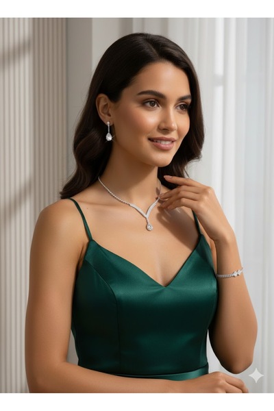 shopidik Göz Alıcı V Kesim Kolye Takım: Nişan ve Mezuniyet İçin Uyumlu Küpe v...