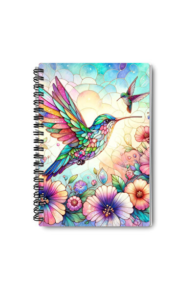 qoeuyl boutique Cute Little Bird Stained Glass Look Design Wire Spiral A5 Lined 4-Piece Souvenir, School Notebook Set
